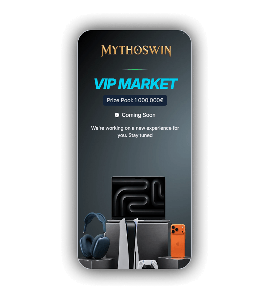 MythosWin VIP MARKET screen on mobile with the MYTHOSWIN wordmark, Prize Pool 1 000 000 euro, and a display of a laptop, over-ear headphones, a games console with controller and an orange smartphone