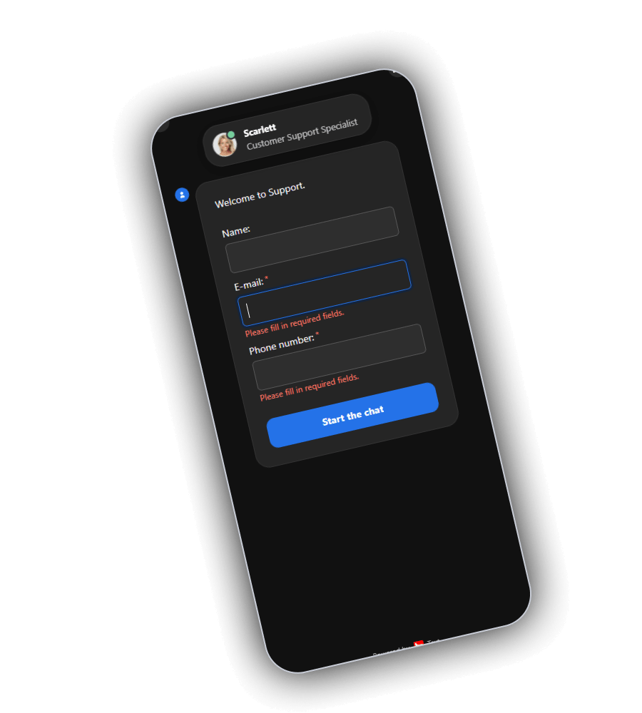 MythosWin support chat on mobile, headed Scarlett, Customer Support Specialist, with the greeting Welcome to Support, a Name field, required E-mail and Phone number fields marked Please fill in required fields, and a blue Start the chat button