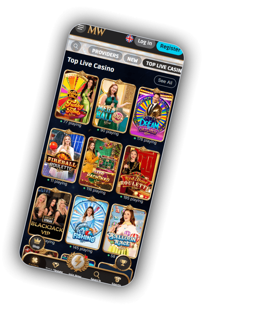 MythosWin Top Live Casino row on mobile with nine gold-framed live tables, Funky Time with 77 playing, Mega Ball with 90, Dream Catcher with 176, Fireball Roulette with 11, Crazy Pachinko with 116, Red Door Roulette with 195, Blackjack VIP, Ice Fishing with 145 and Balloon Race