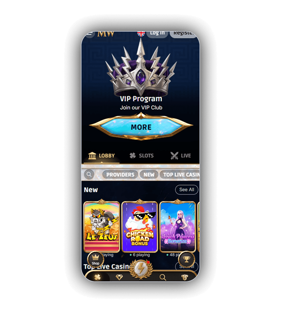 MythosWin mobile lobby in English with a silver crown banner reading VIP Program and a cyan MORE button, LOBBY, SLOTS and LIVE tabs, filter pills for PROVIDERS, NEW and TOP LIVE CASINO, and a New row showing Le Zeus, Chicken Road Bonus and Beach Princess Bonanza