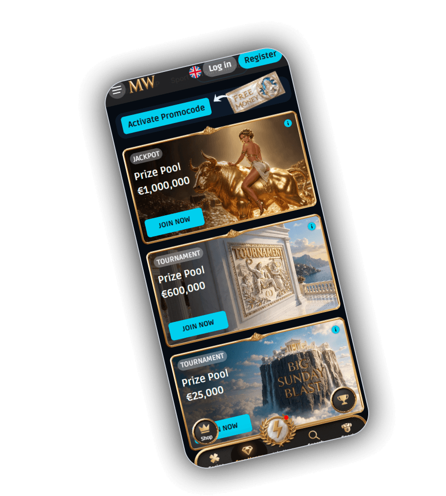 MythosWin promotions screen on mobile with an Activate Promocode button and a Free Money ticket, a JACKPOT card with Prize Pool 1,000,000 euro, a TOURNAMENT card with Prize Pool 600,000 euro and a Big Sunday Blast TOURNAMENT card with Prize Pool 25,000 euro, each with a JOIN NOW button