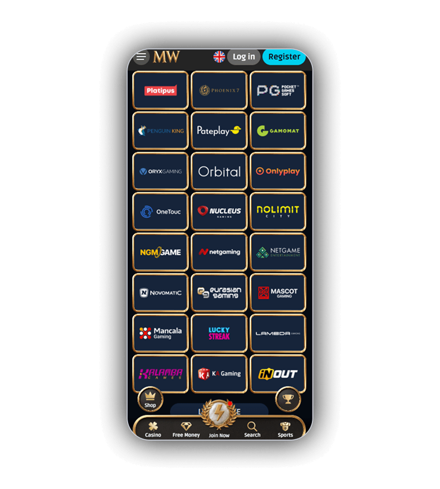 MythosWin provider grid on mobile with 24 gold-framed tiles in three columns, among them Platipus, Phoenix7, Pocket Games Soft, Penguin King, Pateplay, Gamomat, Oryx Gaming, Orbital, Onlyplay, Nolimit City, Novomatic, Mascot Gaming, Mancala Gaming, Lucky Streak, Kalamba Games and InOut