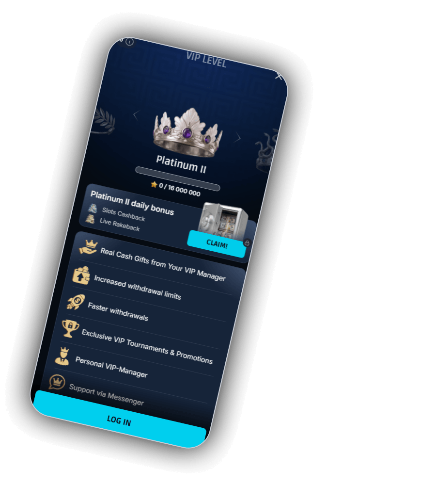 MythosWin VIP LEVEL screen on mobile with a silver crown for Platinum II, a progress bar at 0 of 16 000 000, a Platinum II daily bonus box with Slots Cashback, Live Rakeback and a CLAIM button, a list of perks and a cyan LOG IN button